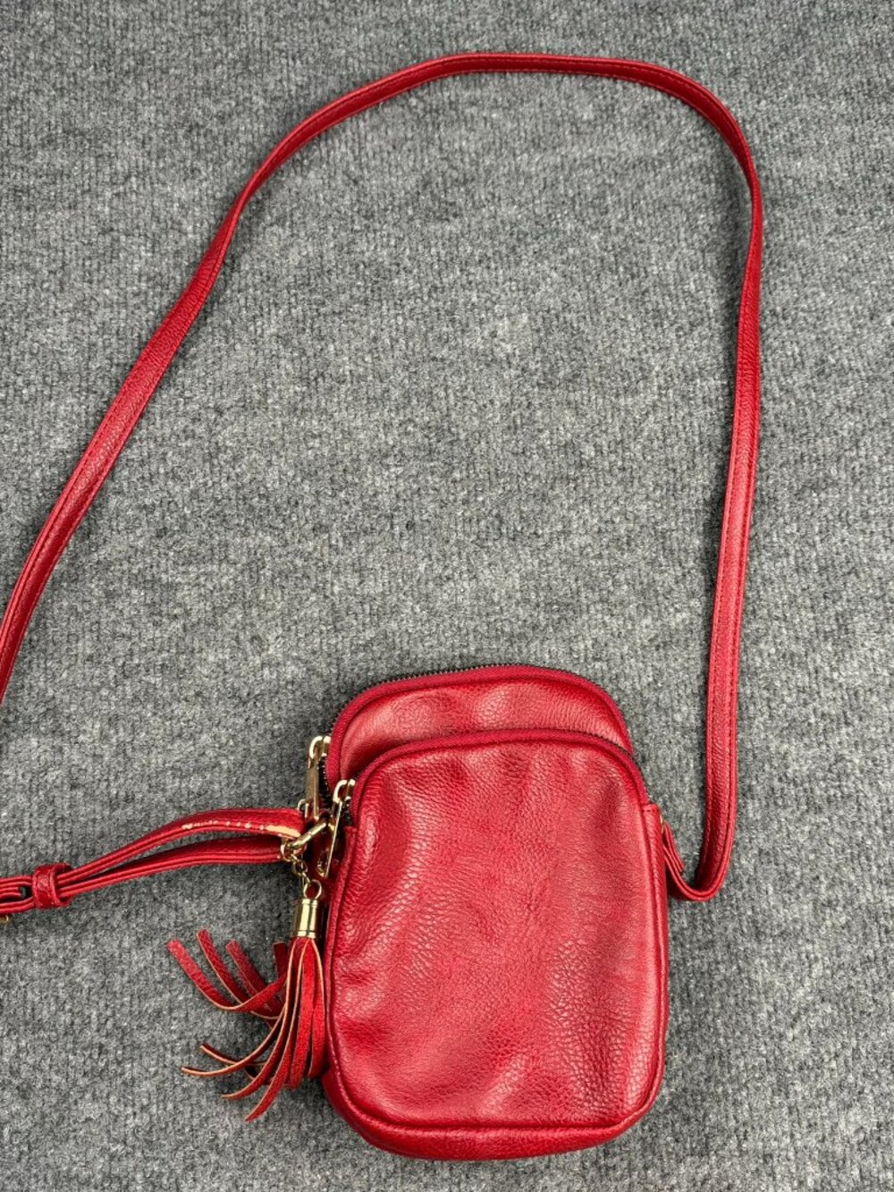 Red Mini Crossbody Cell Phone Bag Double Zipper Tassel Purse Small Damage